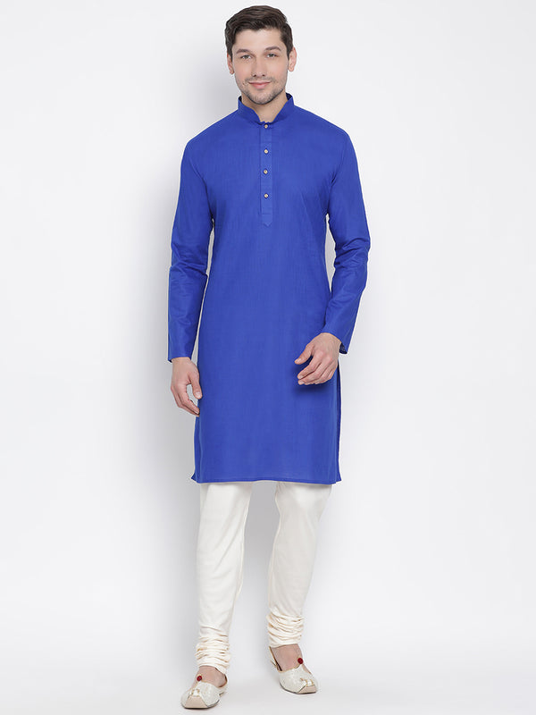 Vastramay Men's Blue Cotton Linen Blend Kurta Pyjama Set - Distacart