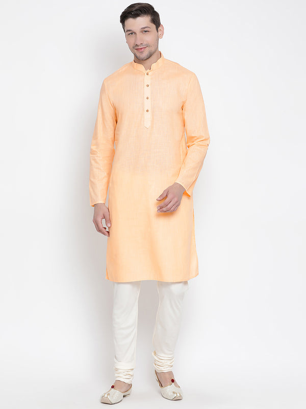 Vastramay Men's Orange Cotton Linen Blend Kurta Pyjama Set - Distacart