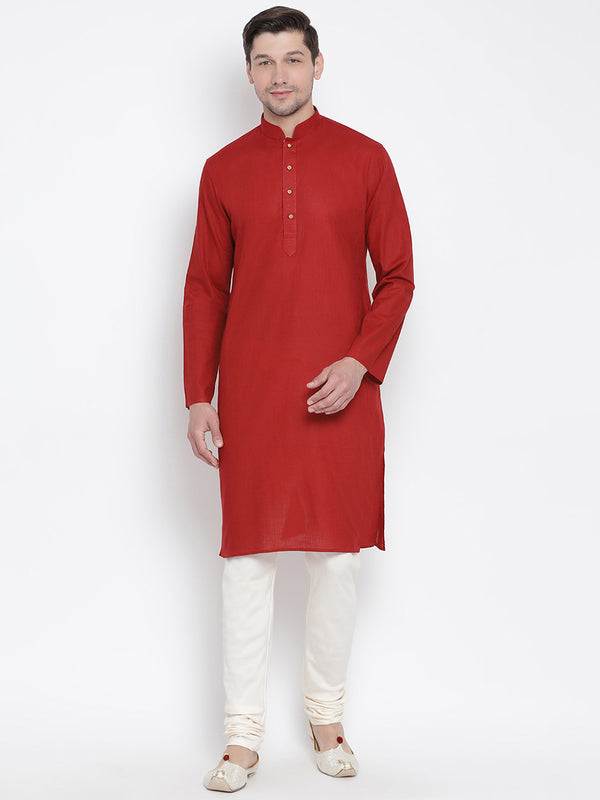 Vastramay Men's Maroon Cotton Linen Blend Kurta Pyjama Set - Distacart
