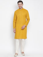 Thumbnail for Vastramay Men's Yellow Cotton Linen Blend Kurta Pyjama Set - Distacart