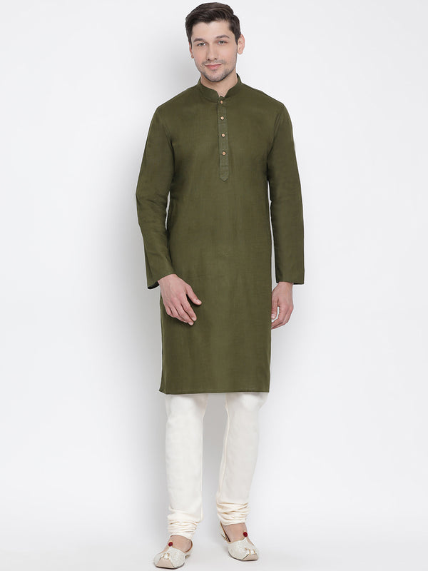 Vastramay Men's Green Cotton Linen Blend Kurta Pyjama Set - Distacart