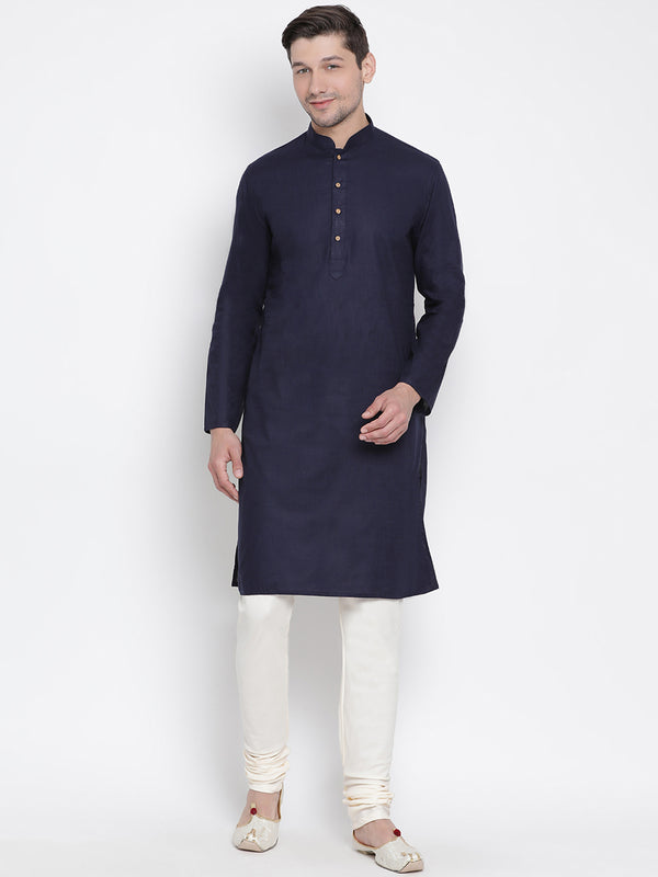 Vastramay Men's Dark Blue Cotton Linen Blend Kurta Pyjama Set - Distacart