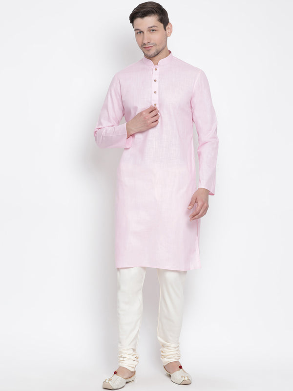 Vastramay Men's Pink Cotton Linen Blend Kurta Pyjama Set - Distacart