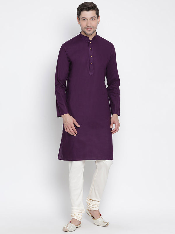 Vastramay Men's Purple Cotton Linen Blend Kurta Pyjama Set - Distacart