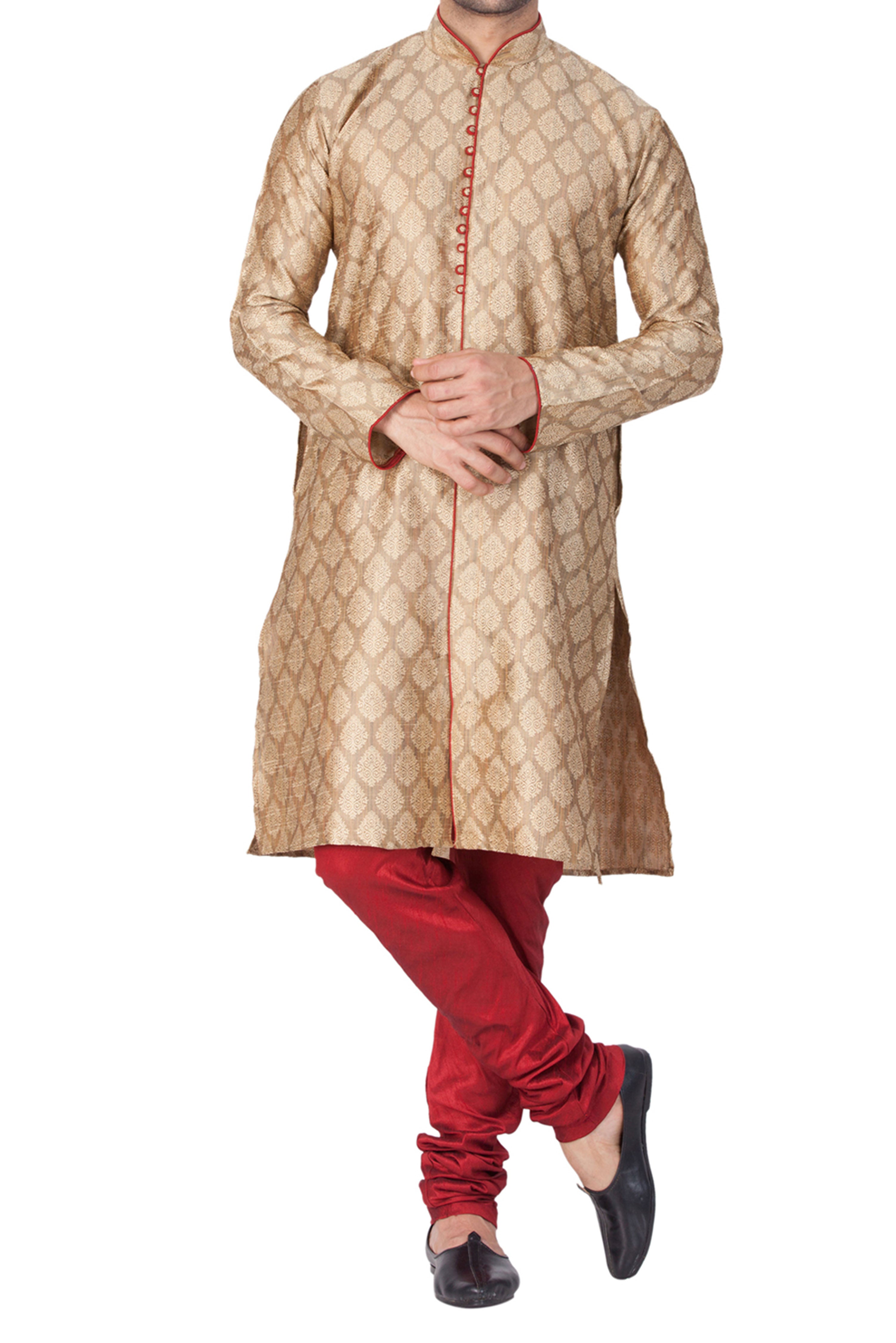 Vastramay Men's Beige Silk Blend Kurta Pyjama Set - Distacart