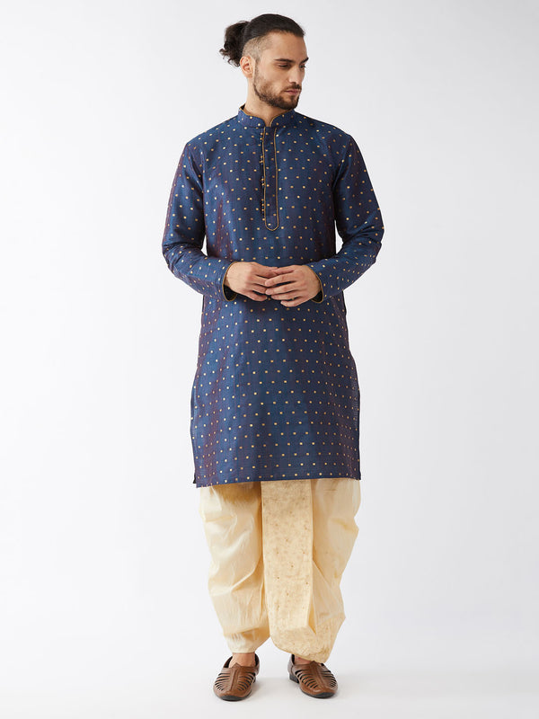 VM by Vastramay Men's Blue And Gold Silk Blend Kurta And Dhoti Set - Distacart
