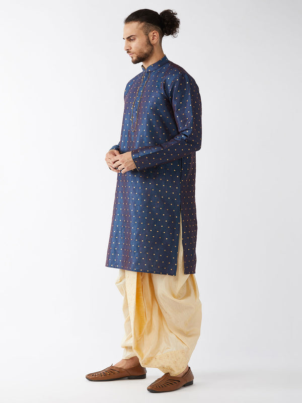 VM by Vastramay Men's Blue And Gold Silk Blend Kurta And Dhoti Set - Distacart