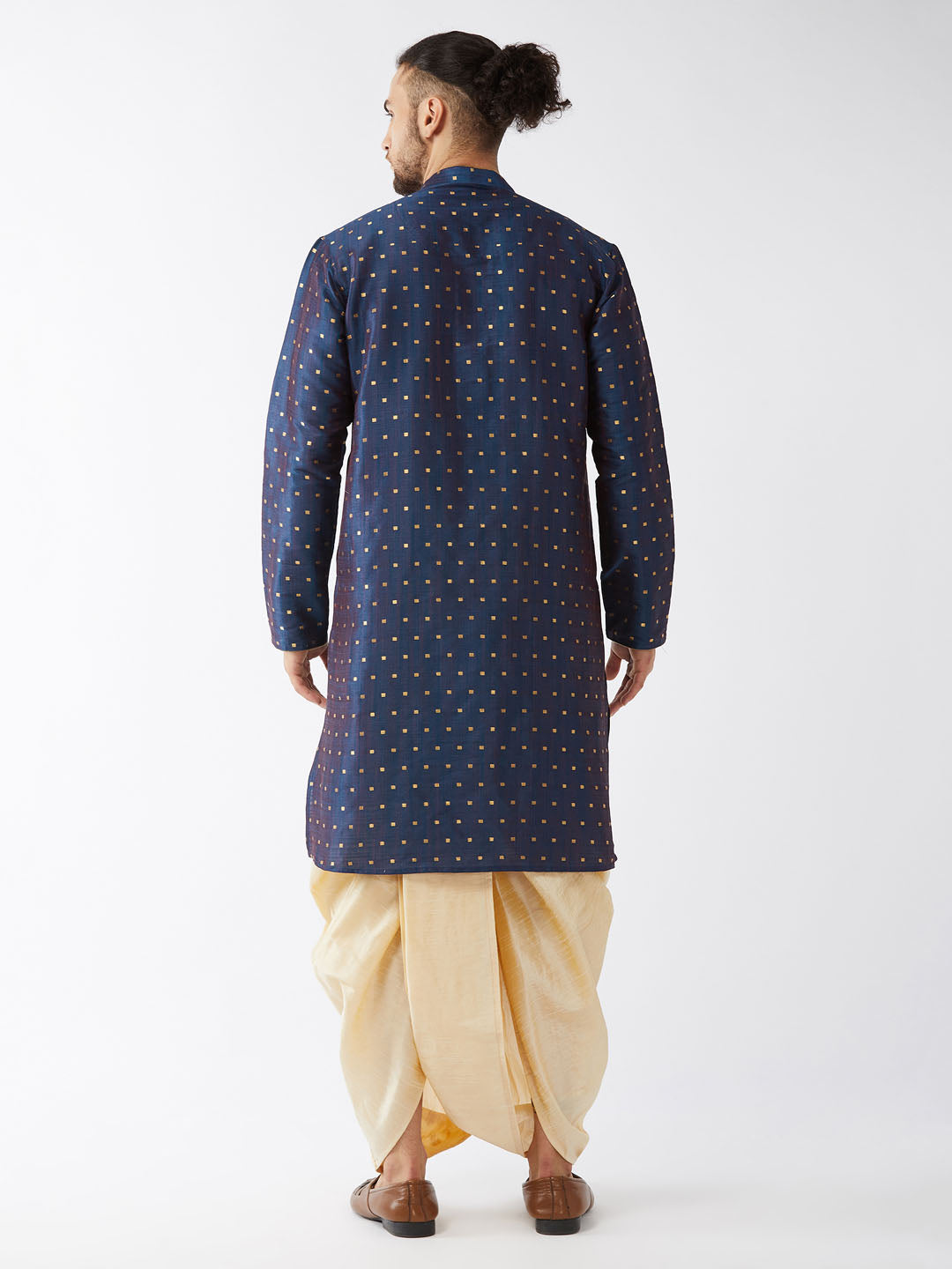 VM by Vastramay Men's Blue And Gold Silk Blend Kurta And Dhoti Set - Distacart