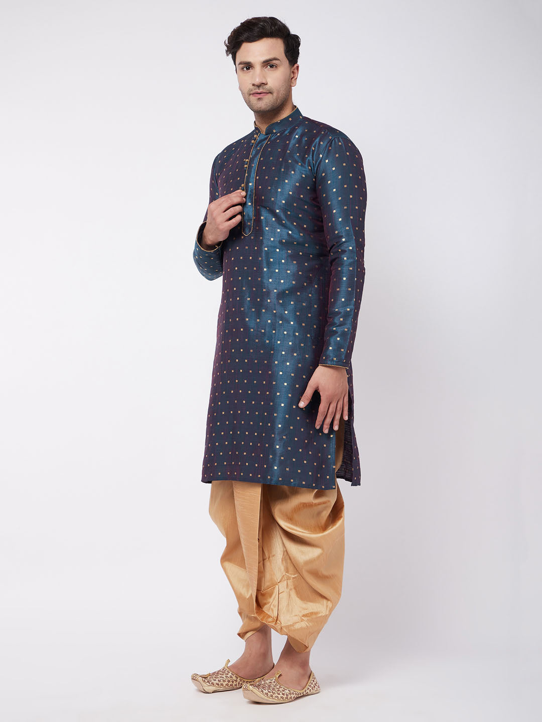Vastramay Men's Blue And Rose Gold Silk Blend Kurta And Dhoti Set - Distacart