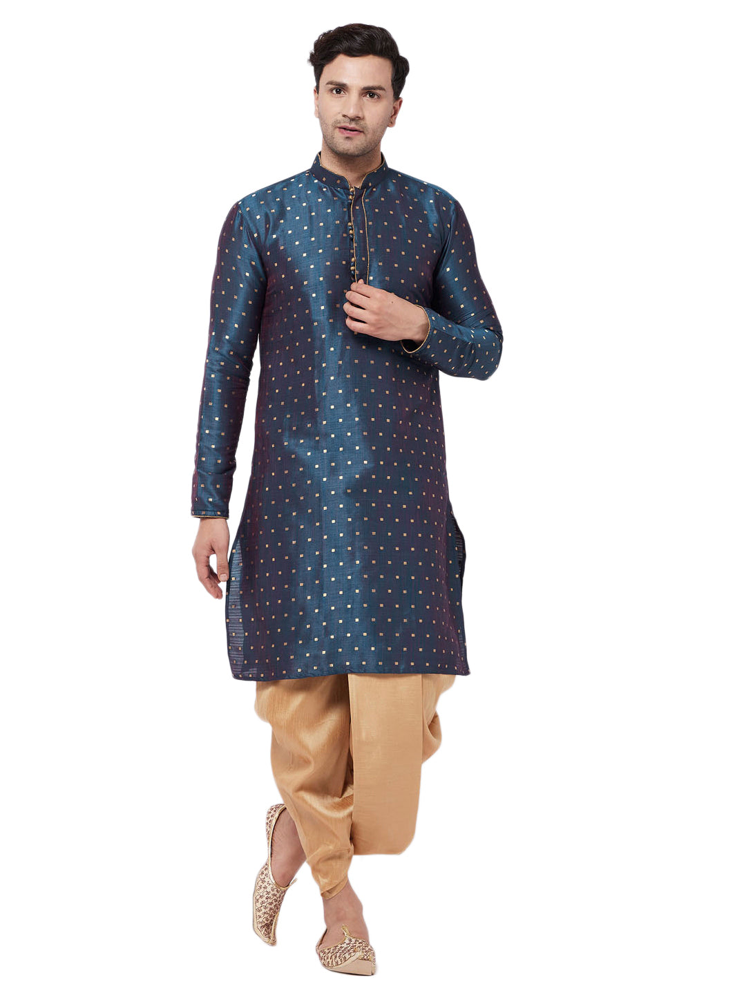VM by Vastramay Men's Blue And Rose Gold Silk Blend Kurta And Dhoti Set - Distacart