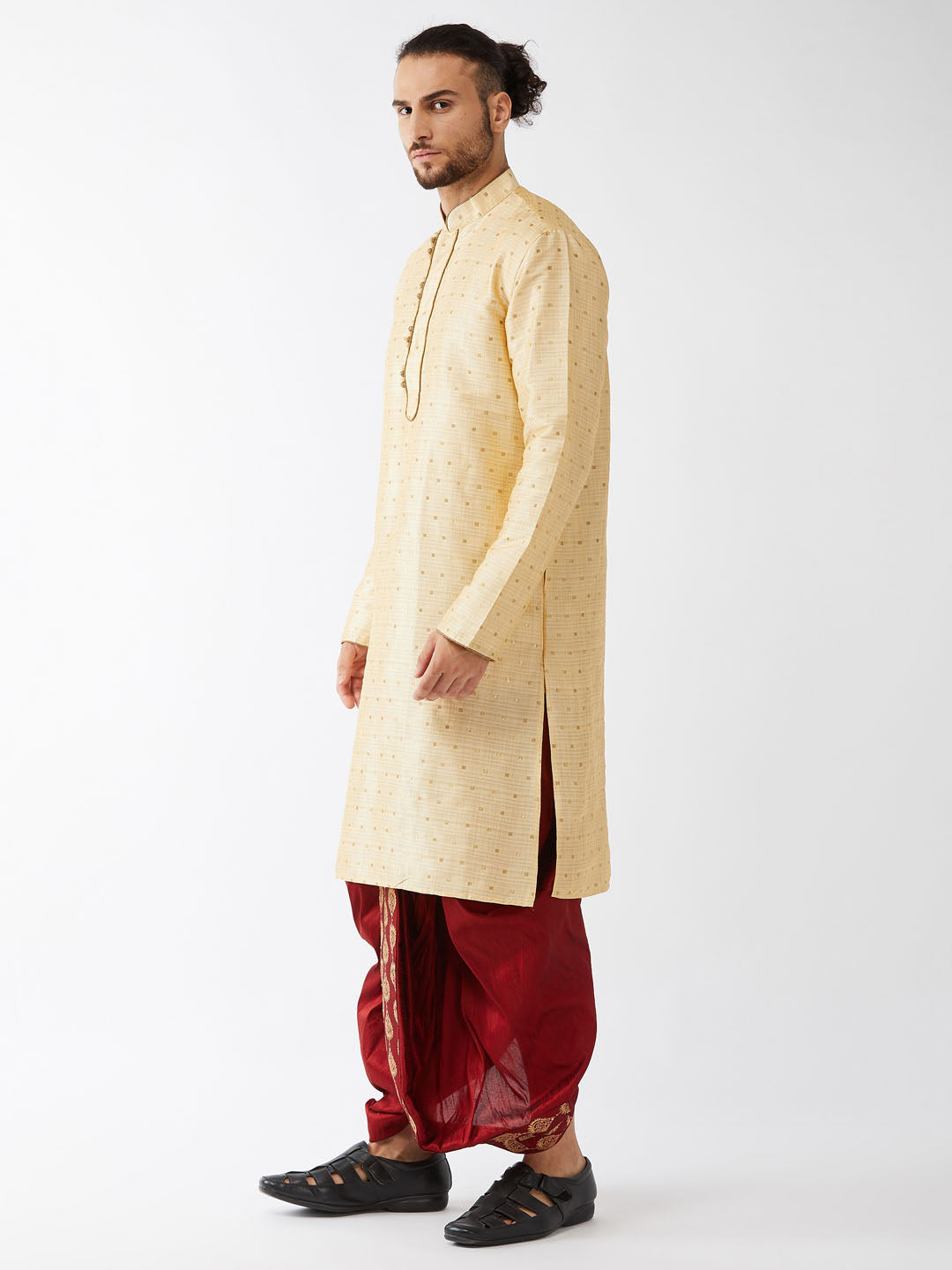 VM by Vastramay Men's Beige And Maroon Silk Blend Kurta And Dhoti Set - Distacart
