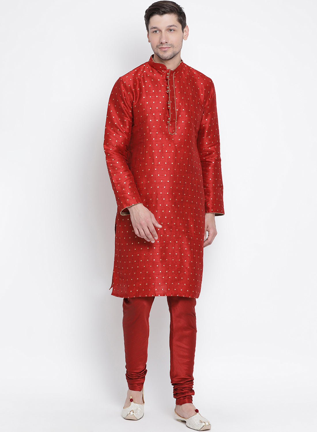 Vastramay Men's Maroon Silk Blend Kurta Pyjama Set - Distacart