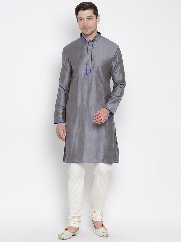 Vastramay Men's Grey Cotton Silk Kurta Pyjama Set - Distacart