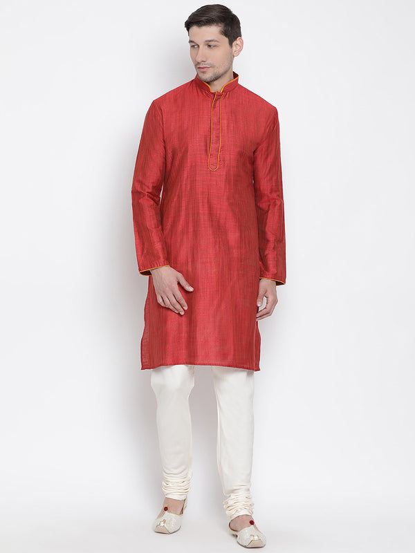 Vastramay Men's Maroon Cotton Silk Kurta Pyjama Set - Distacart