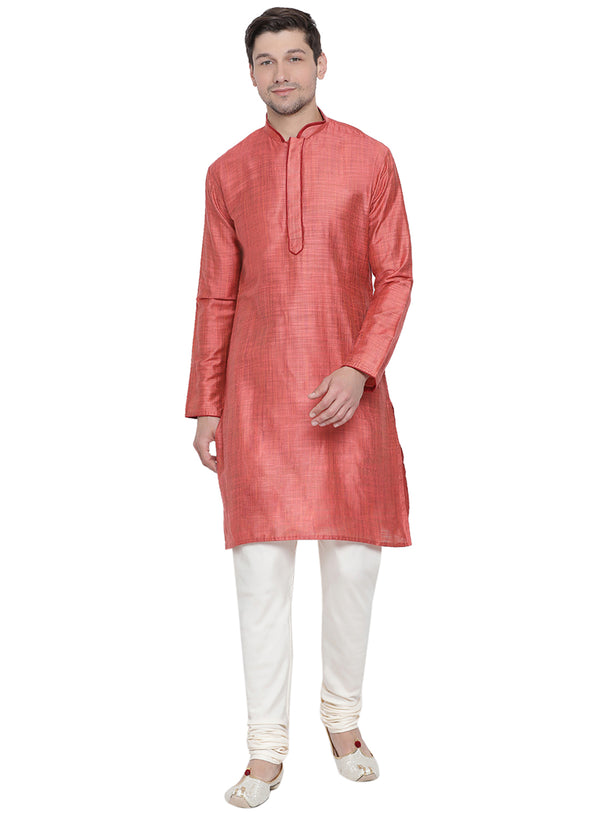 Vastramay Men's Pink Cotton Silk Kurta Pyjama Set - Distacart