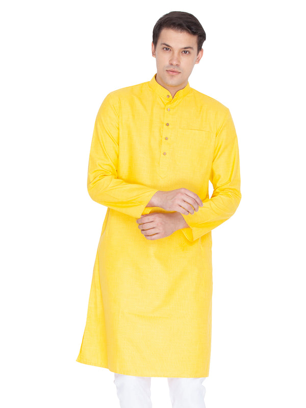 Vastramay Men's Yellow Cotton Linen Blend Kurta - Distacart