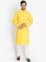 Thumbnail for Vastramay Men's Yellow Cotton Linen Blend Kurta Pyjama Set - Distacart