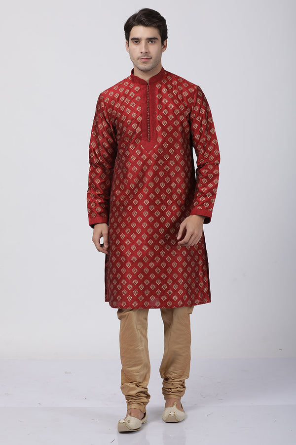 Vastramay Men's Maroon Silk Blend Kurta Pyjama Set - Distacart