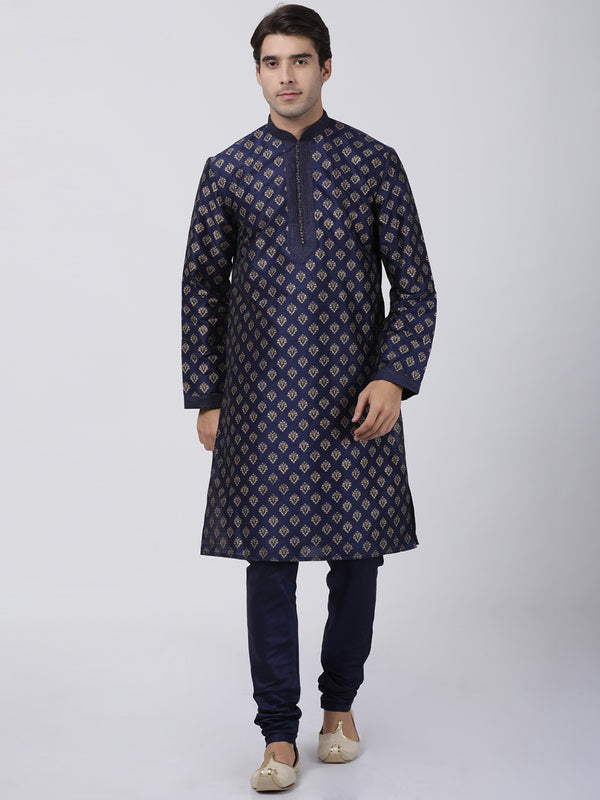 Vastramay Men's Dark Blue Silk Blend Kurta Pyjama Set - Distacart