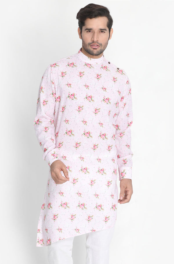 Vastramay Men's Pink Cotton Linen Blend Kurta - Distacart