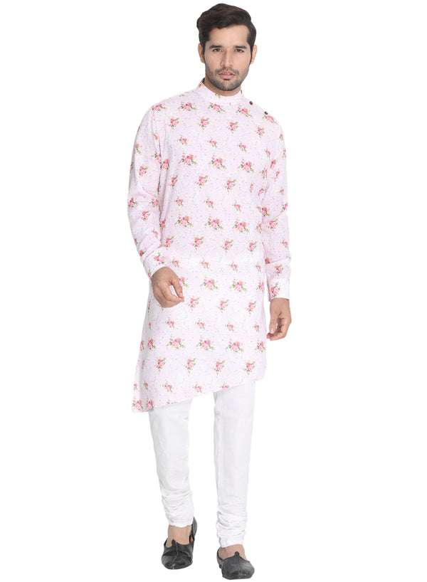 Vastramay Men's Pink Cotton Linen Blend Kurta Pyjama Set - Distacart