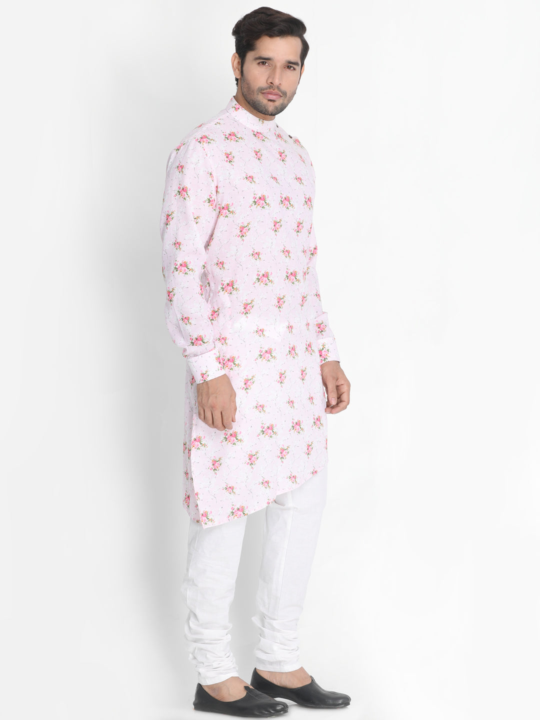 Vastramay Men's Pink Cotton Linen Blend Kurta Pyjama Set - Distacart