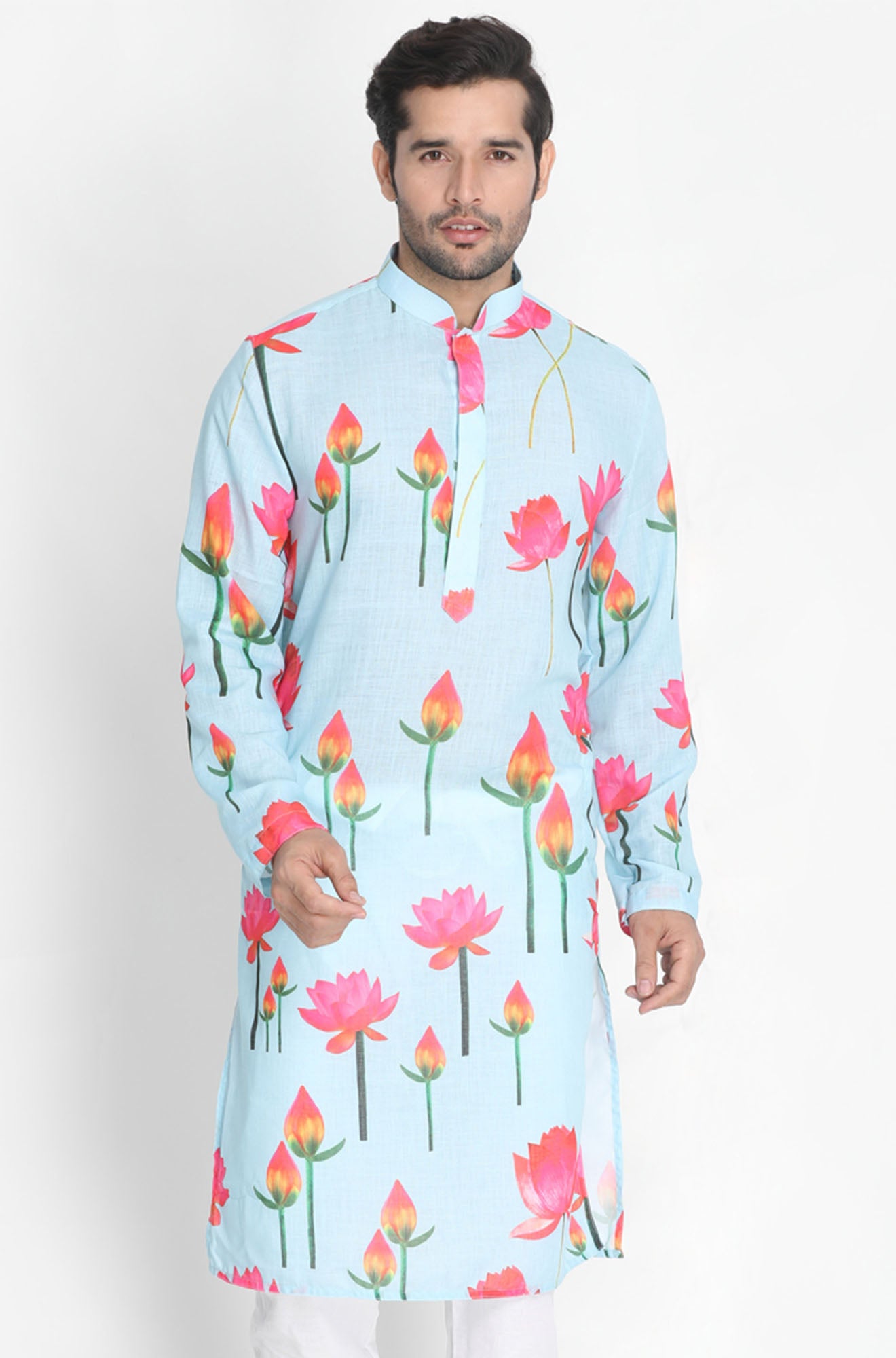 Vastramay Men's Light Blue Cotton Linen Blend Kurta - Distacart