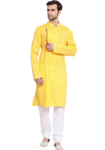 Thumbnail for Vastramay Men's Yellow Cotton Blend Kurta Pyjama Set - Distacart