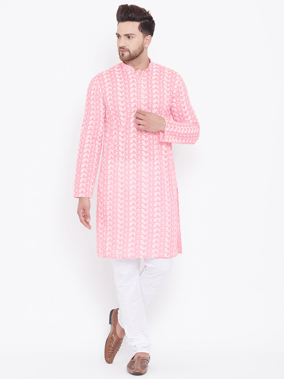 Vastramay Men's Pink and White Cotton Kurta Pyjama Set - Distacart