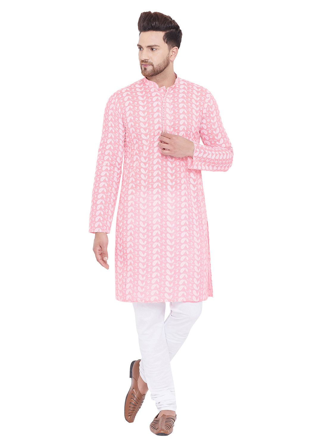 Vastramay Men's Pink and White Cotton Kurta Pyjama Set - Distacart