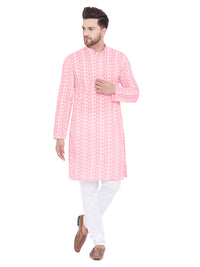Thumbnail for Vastramay Men's Pink and White Cotton Kurta Pyjama Set - Distacart