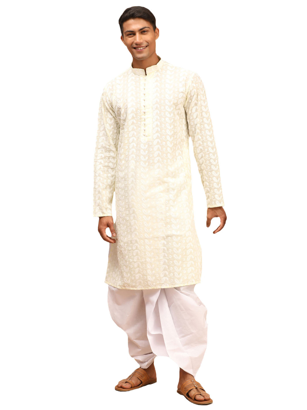 Vastramay Men's Yellow Pure Cotton Kurta And Dhoti Set - Distacart