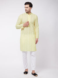 Thumbnail for Vastramay Men's Yellow And White Pure Cotton Kurta Pyjama Set - Distacart