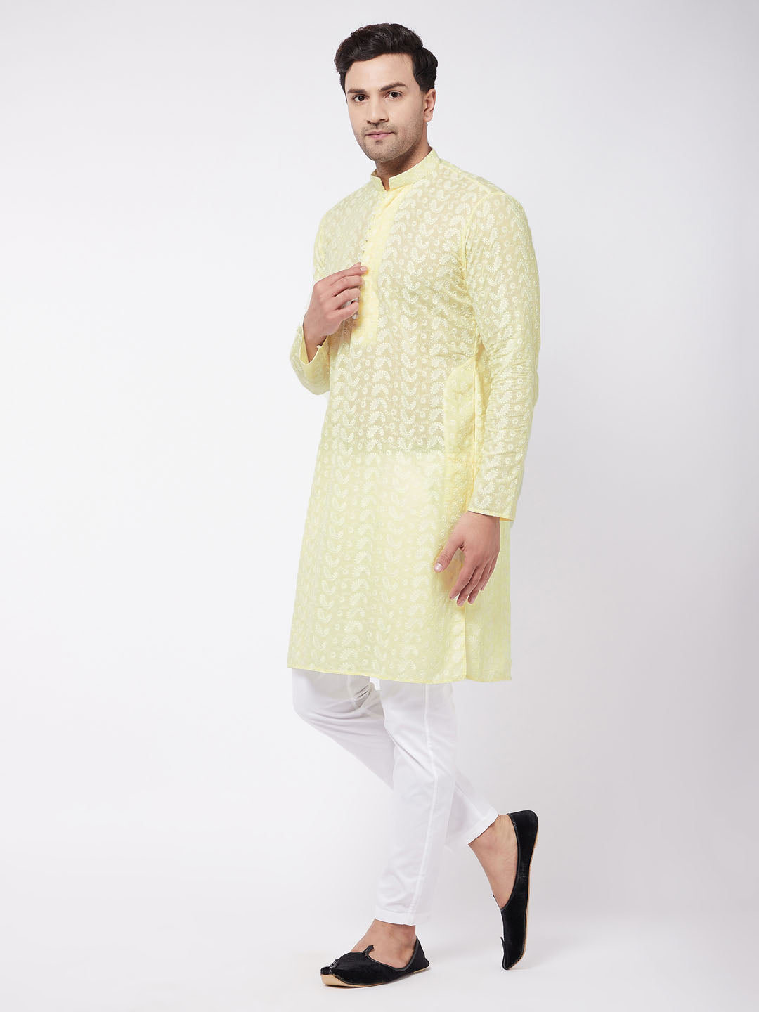 Vastramay Men's Yellow And White Pure Cotton Kurta Pyjama Set - Distacart