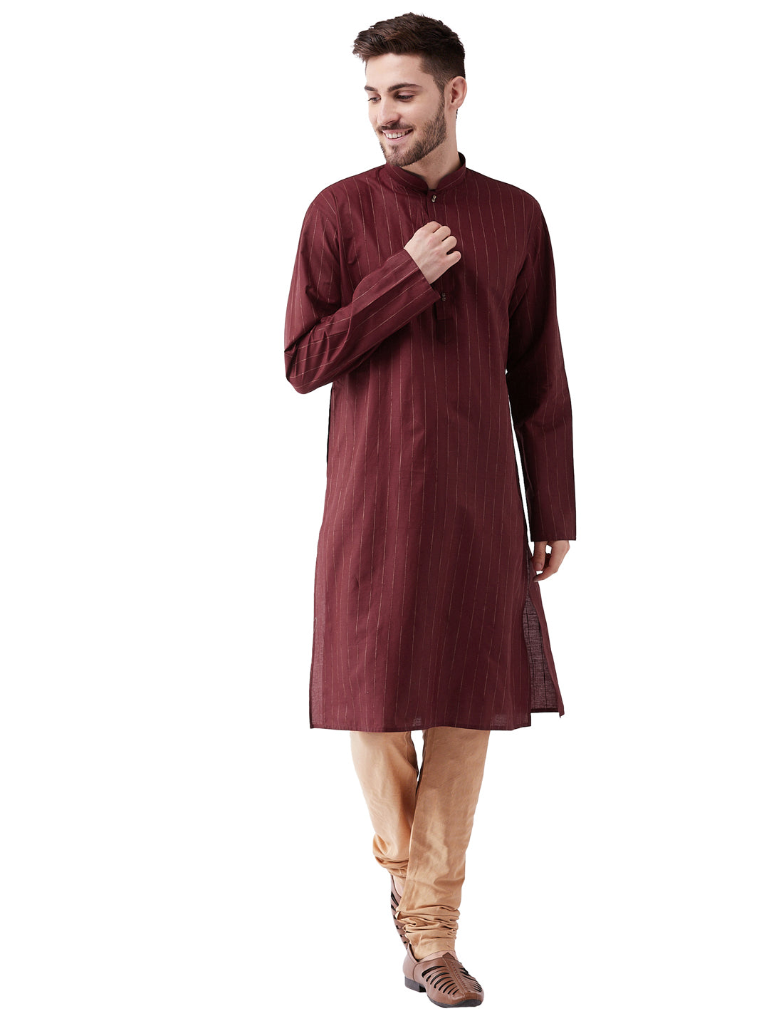 Vastramay Men's Maroon And Rose Gold Cotton Blend Kurta Pyjama Set - Distacart