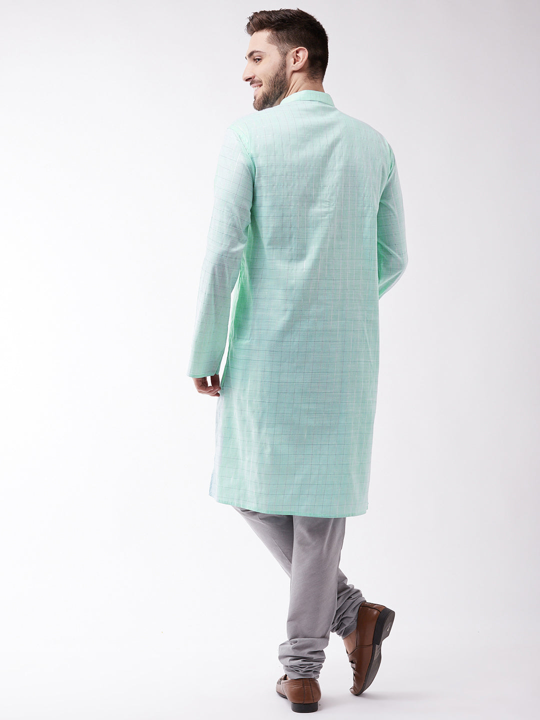 Vastramay Men's Aqua Blue And Grey Cotton Blend Kurta Pyjama Set - Distacart