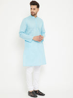 Thumbnail for VM by Vastramay Men's Aqua Blue And White Cotton Blend Kurta Pyjama Set - Distacart