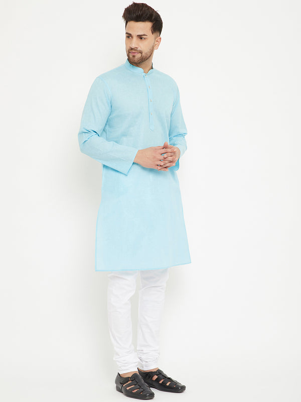 VM by Vastramay Men's Aqua Blue And White Cotton Blend Kurta Pyjama Set - Distacart
