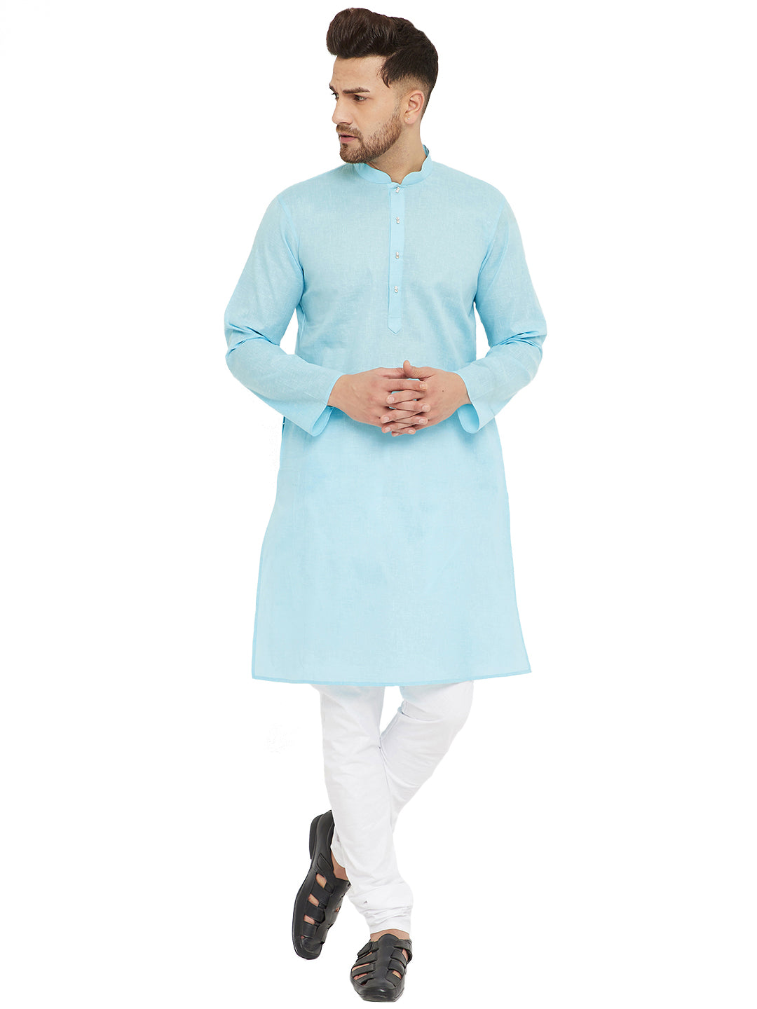 VM by Vastramay Men's Aqua Blue And White Cotton Blend Kurta Pyjama Set - Distacart