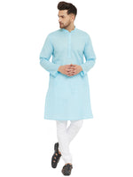 Thumbnail for VM by Vastramay Men's Aqua Blue And White Cotton Blend Kurta Pyjama Set - Distacart
