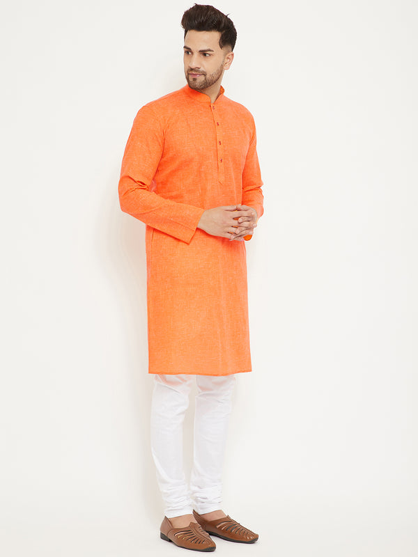 VM by Vastramay Men's Orange And White Cotton Blend Kurta Pyjama Set - Distacart