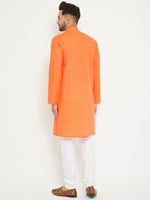 Thumbnail for VM by Vastramay Men's Orange And White Cotton Blend Kurta Pyjama Set - Distacart
