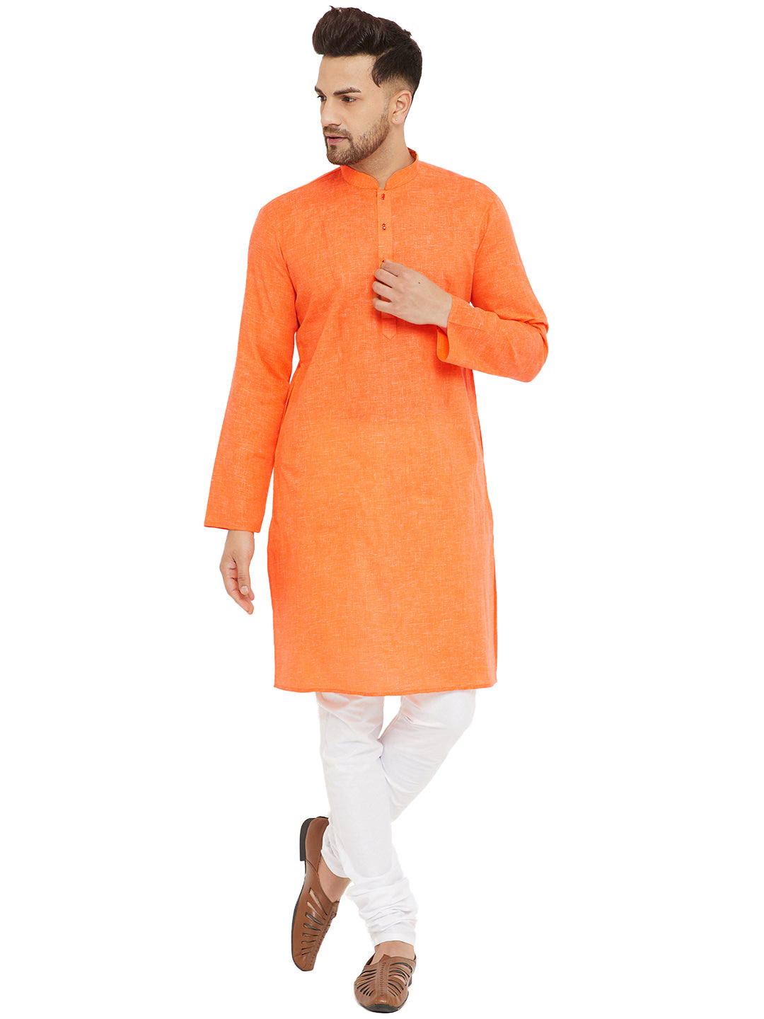 VM by Vastramay Men's Orange And White Cotton Blend Kurta Pyjama Set - Distacart