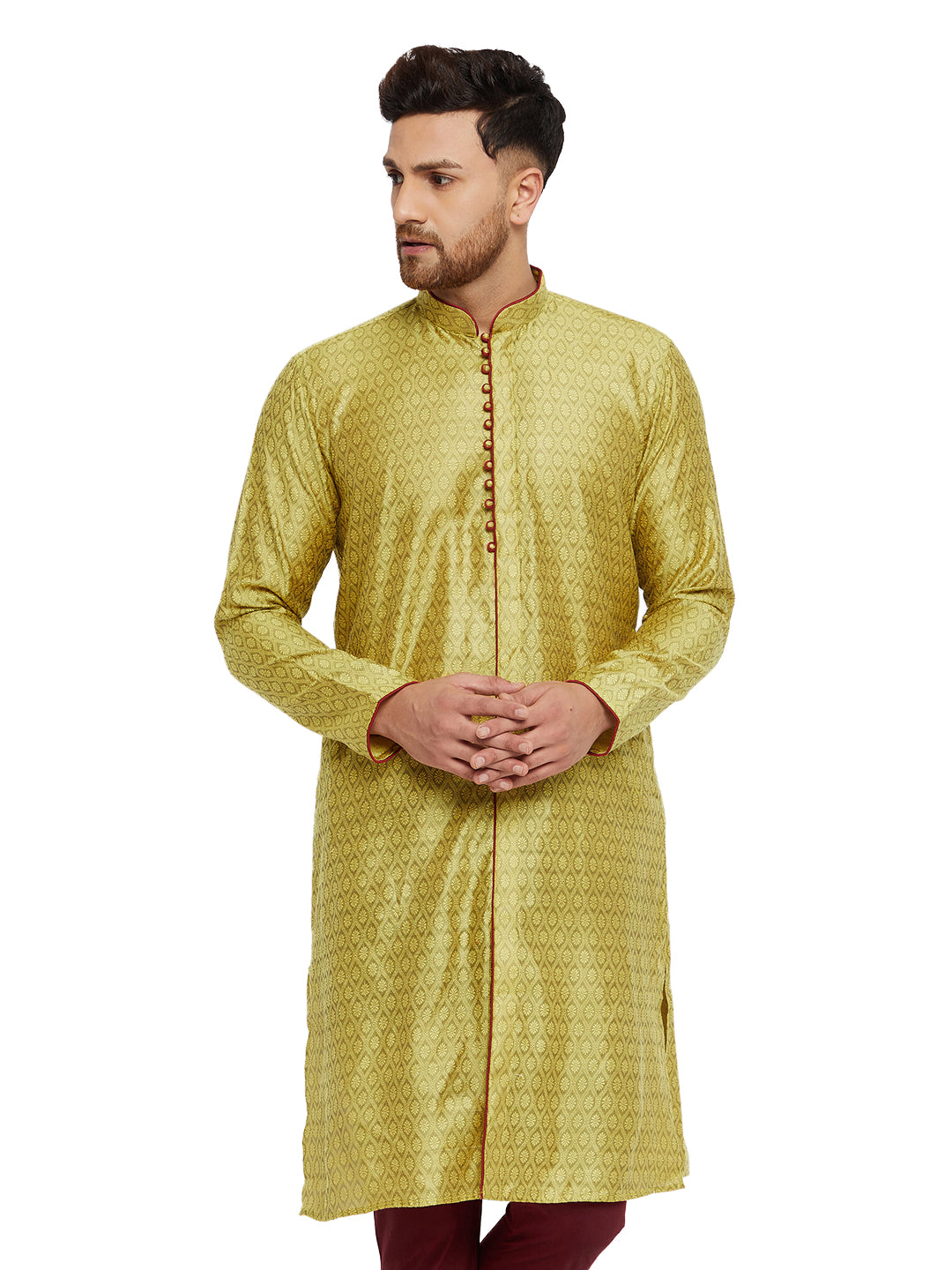 Vastramay Men's Mustard Yellow And Maroon Silk Blend Kurta - Distacart