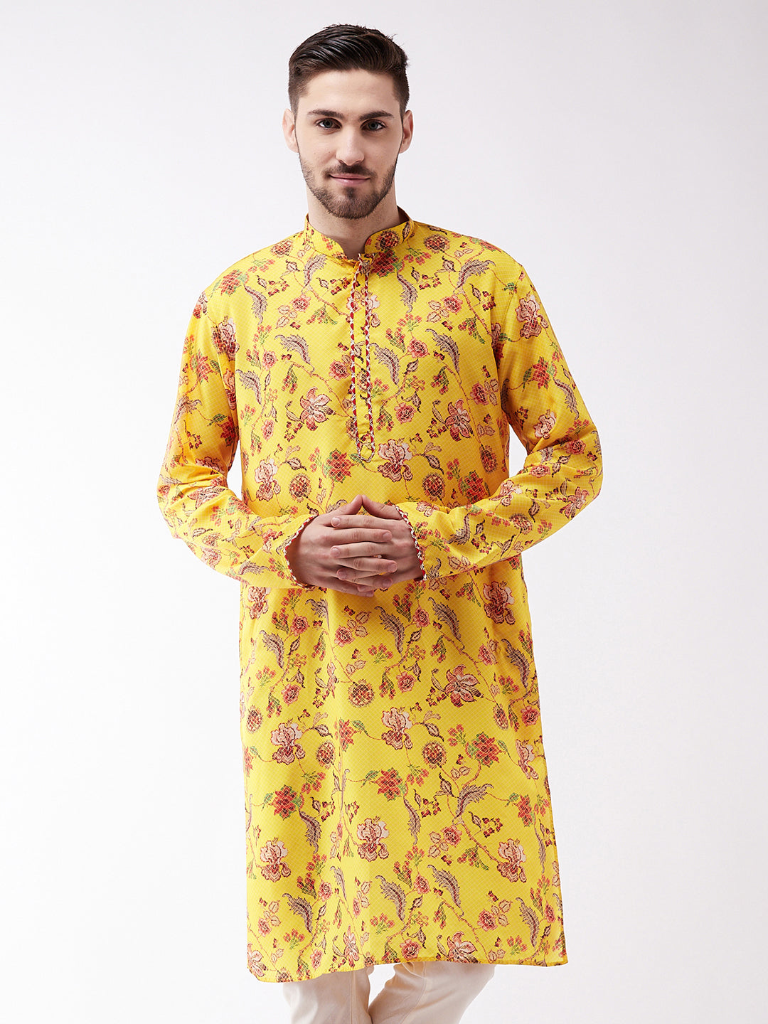 Vastramay Men's Floral Printed Multicolor-Base-Yellow Silk Blend Kurta - Distacart