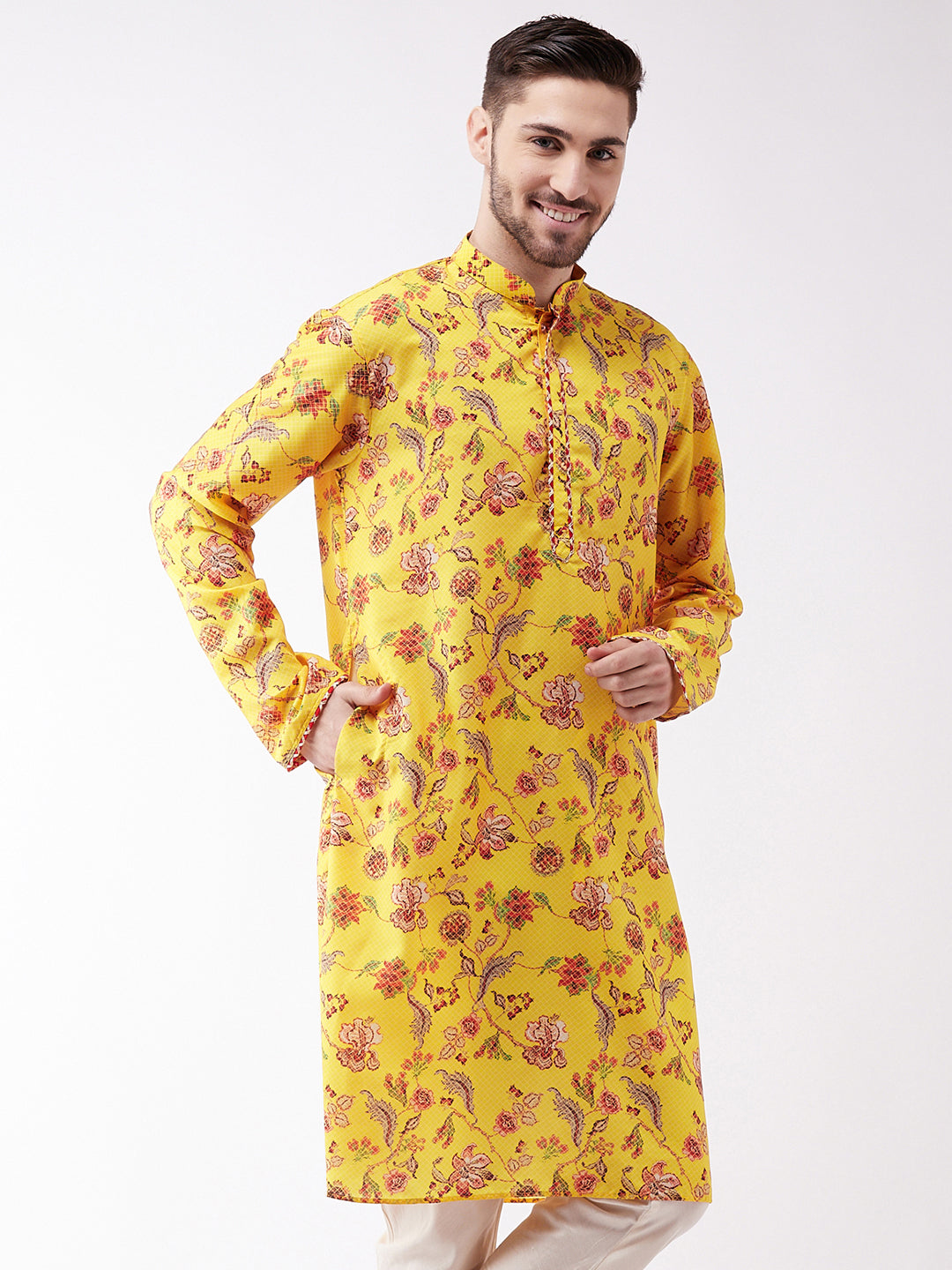 Vastramay Men's Floral Printed Multicolor-Base-Yellow Silk Blend Kurta - Distacart