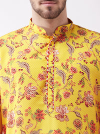 Thumbnail for Vastramay Men's Floral Printed Multicolor-Base-Yellow Silk Blend Kurta - Distacart