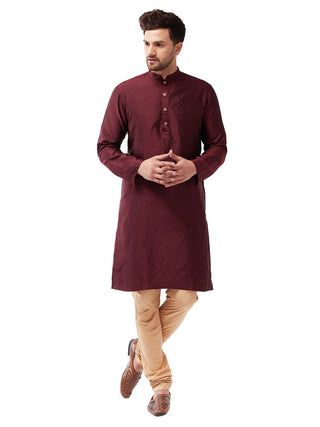 Vastramay Men's Maroon And Rose Gold Silk Blend Kurta Pyjama Set - Distacart