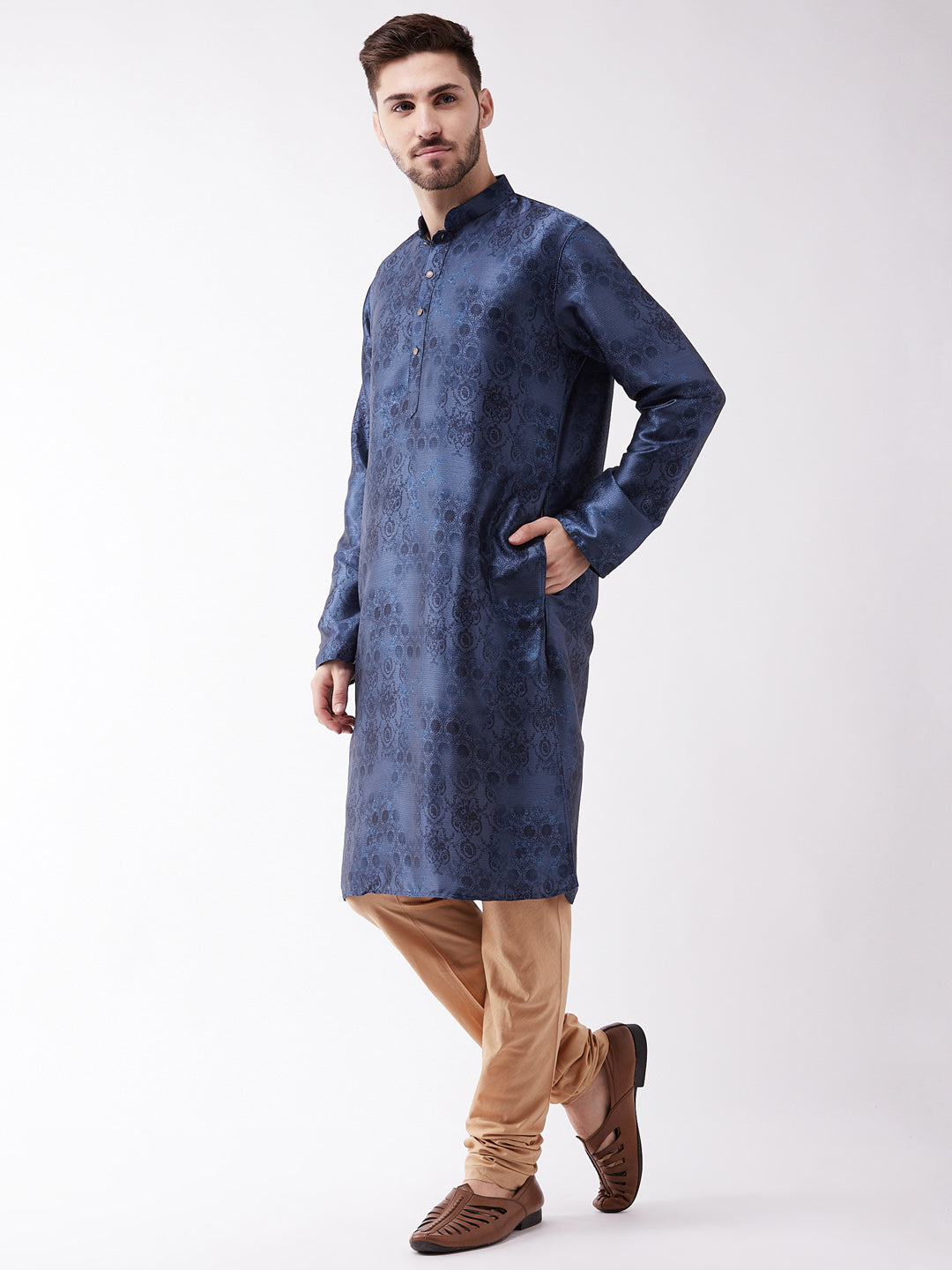 Vastramay Men's Blue And Rose Gold Silk Blend Kurta Pyjama Set - Distacart