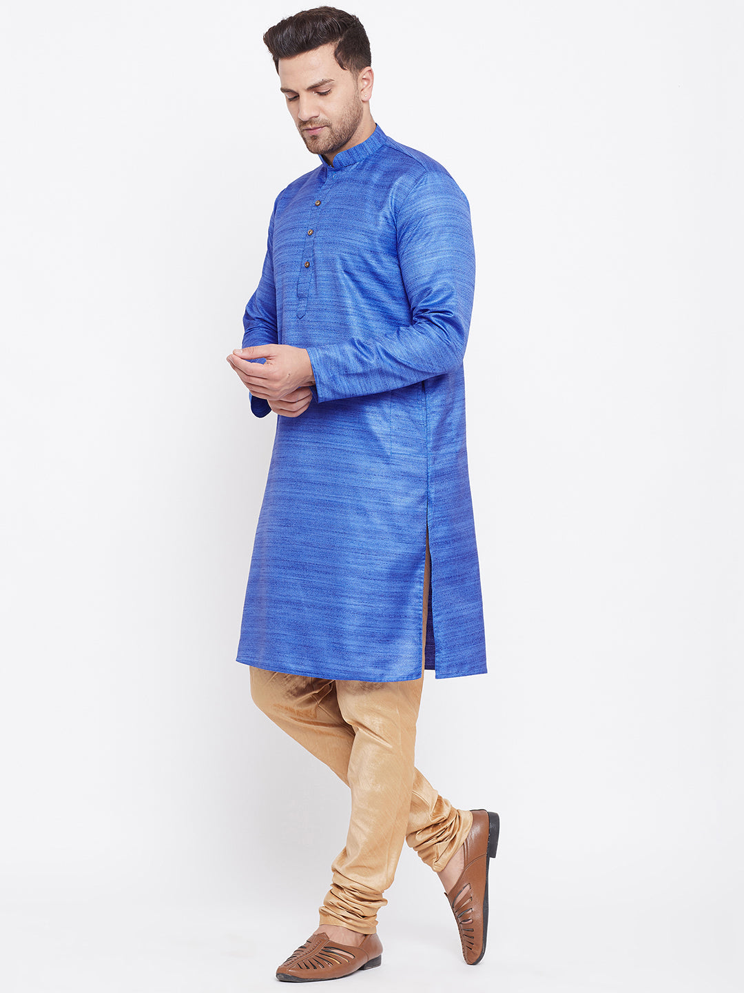 VM by Vastramay Men's Blue And Rose Gold Silk Blend Kurta Pyjama Set - Distacart